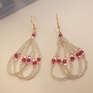Elegant Beaded Drop Earrings - Red Silver Gold